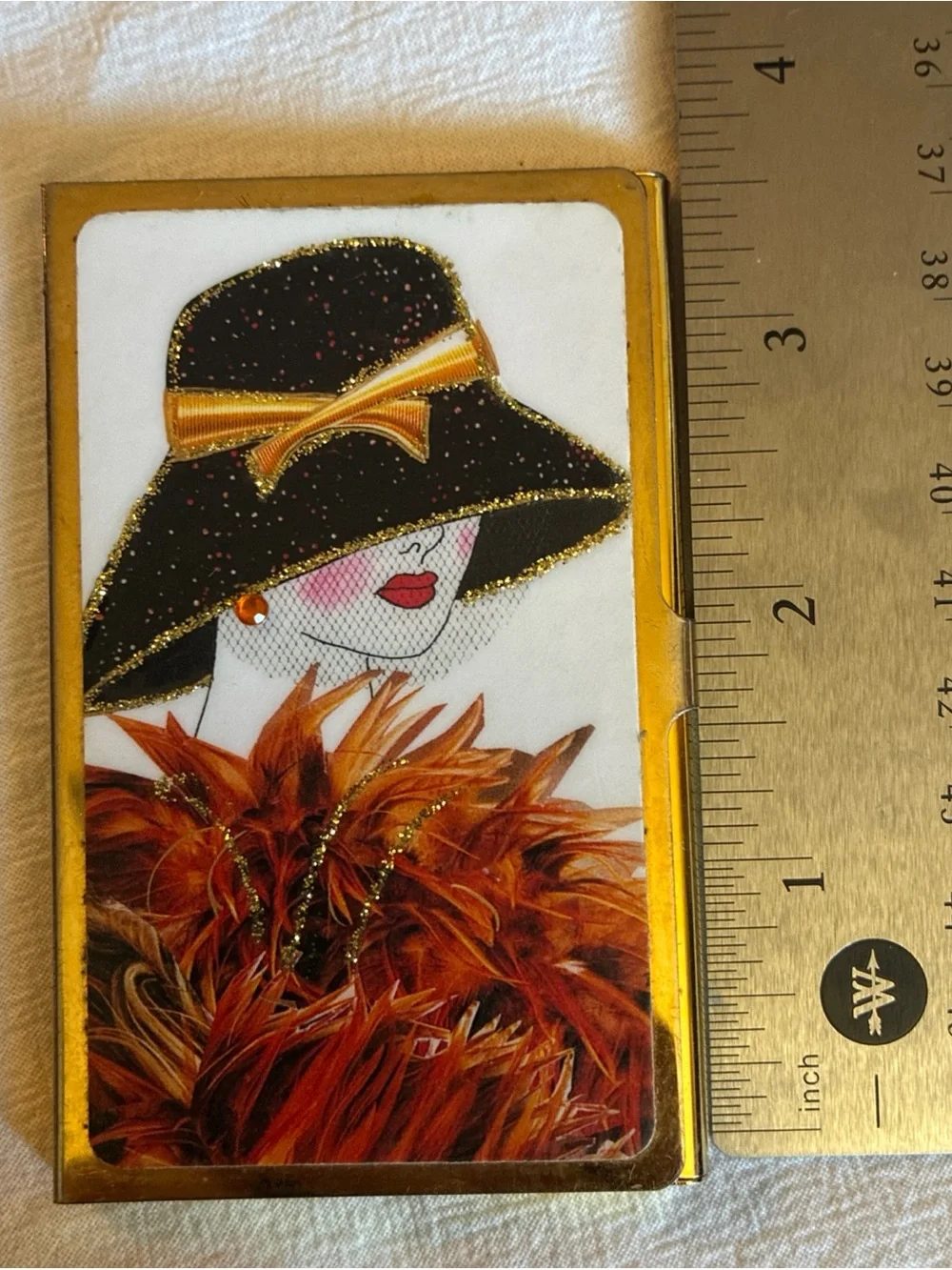 Vintage Art Deco Style Gold-Tone Business Card Holder & Compact Case Flapper EUC